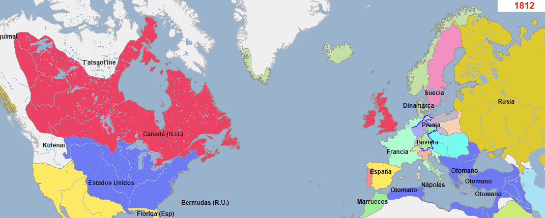 Mapa de situación, con Canadá (rojo) y EEUU (azul), 1812. Estados Unidos en las guerras napoleónicas