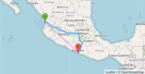 Mapa distancia entre Acapulco y San Blas