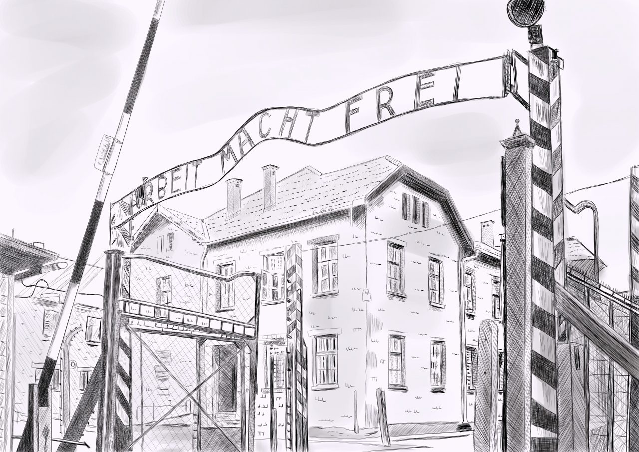 Obra Biografías del Horror -Puerta de acceso al campo de Auschwitz I con el lema "El trabajo te hace libre"